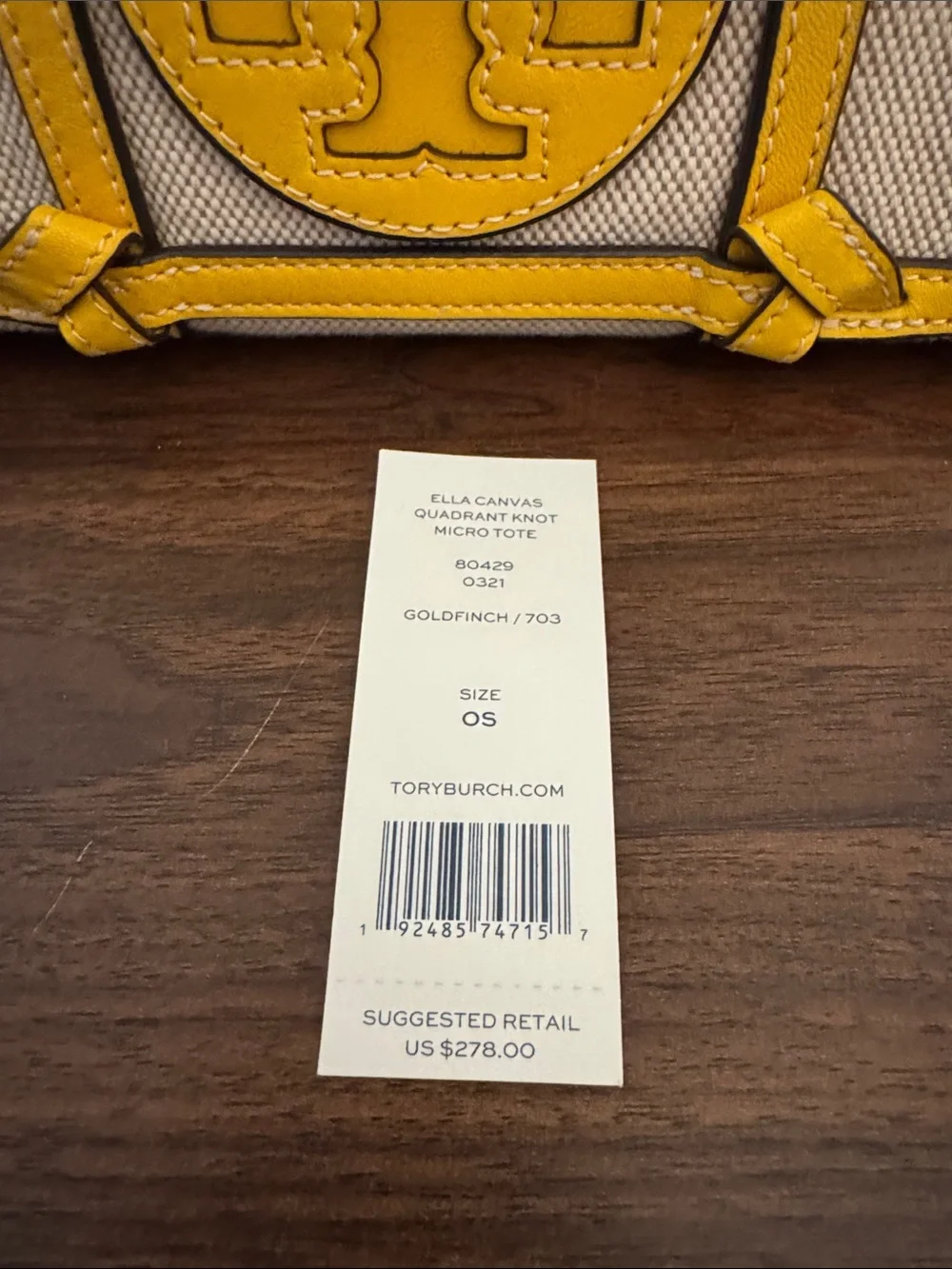 NWT Tory Burch Ella Canvas Quadrant Knot Micro Tote Goldfinch Yellow Crossbody